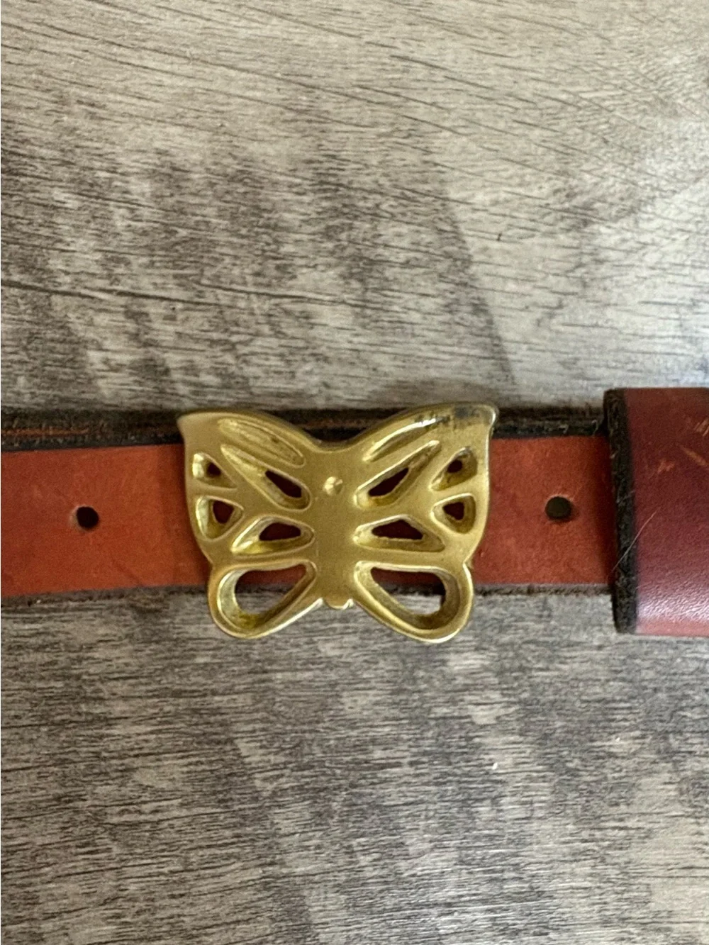 Womens VINTAGE 70s Brown LEATHER Brass BUTTERFLY Buckle HIPPIE Western BOHO BELT